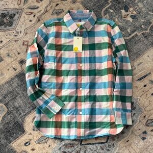 NWT. Mini Boden Multicolor Plaid button down, brushed cotton, size 8/9